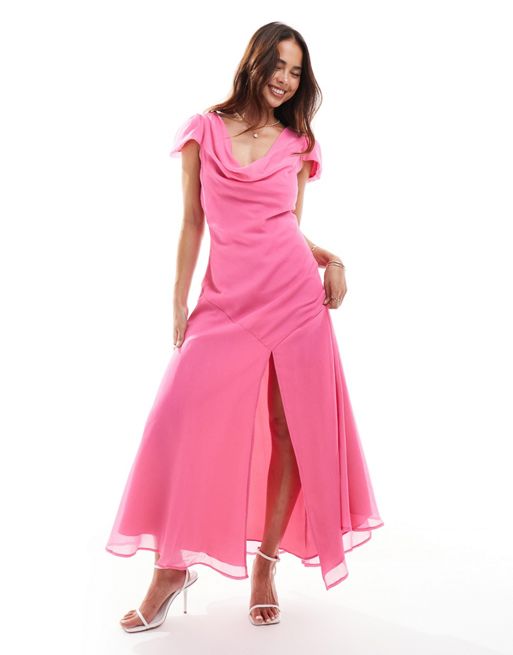  ASOS DESIGN chiffon cowl neck midi dress with puff sleeves and asymmetric hem in hot pink