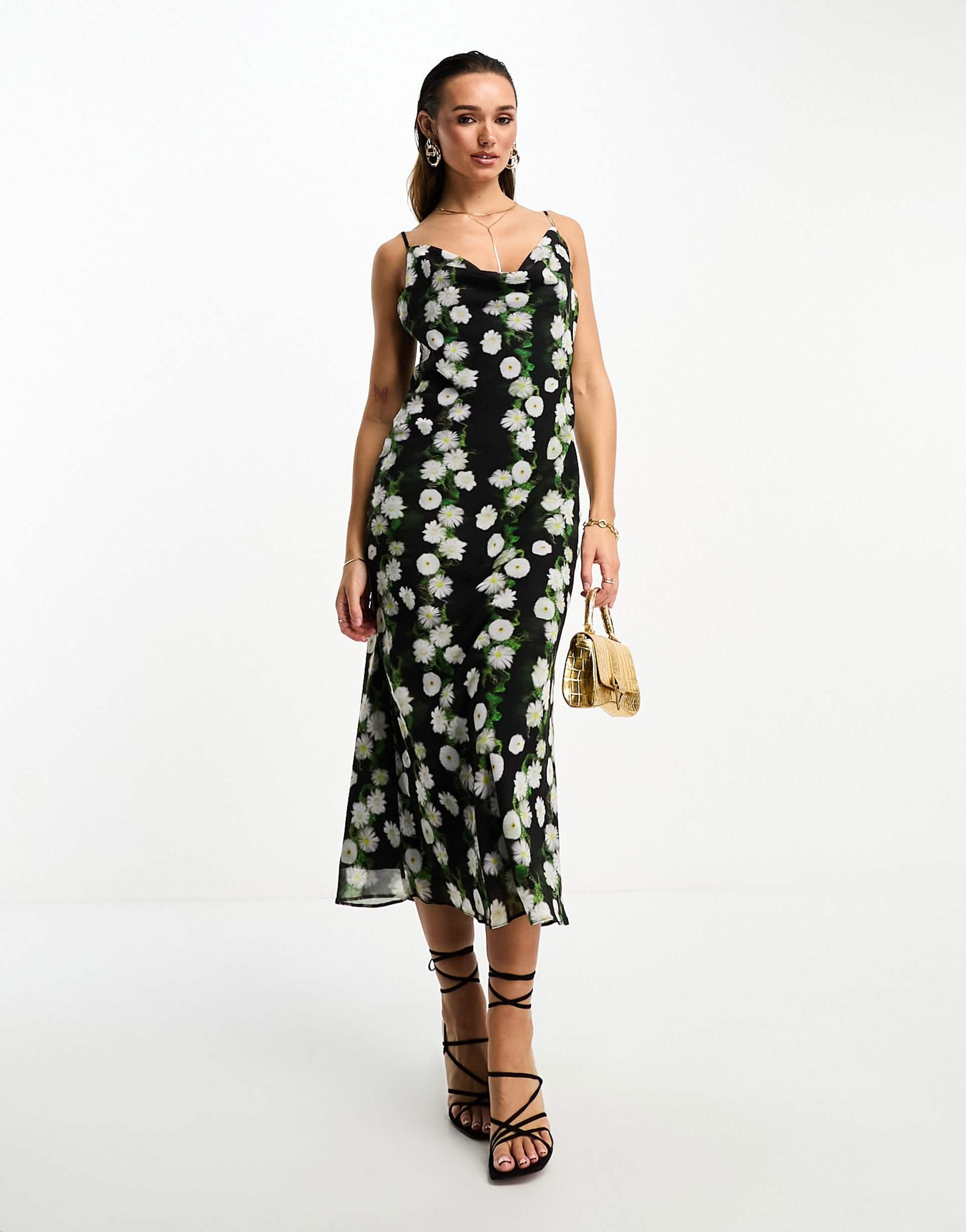 asos design chiffon cowl neck midi slip dress in blurred floral print