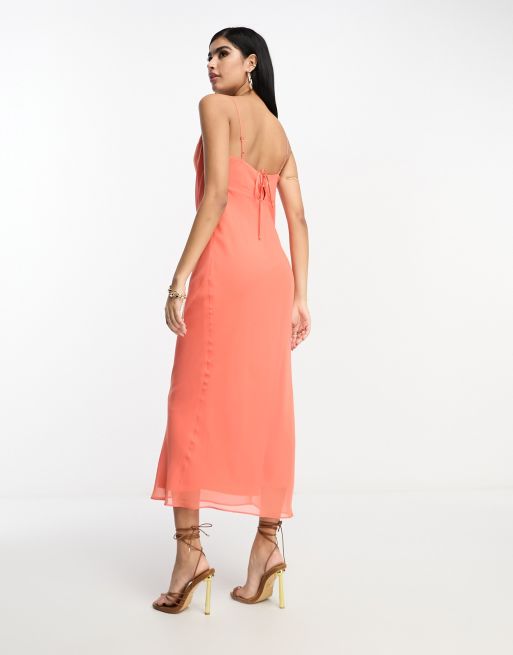 ASOS DESIGN chiffon cowl neck midi slip dress in coral