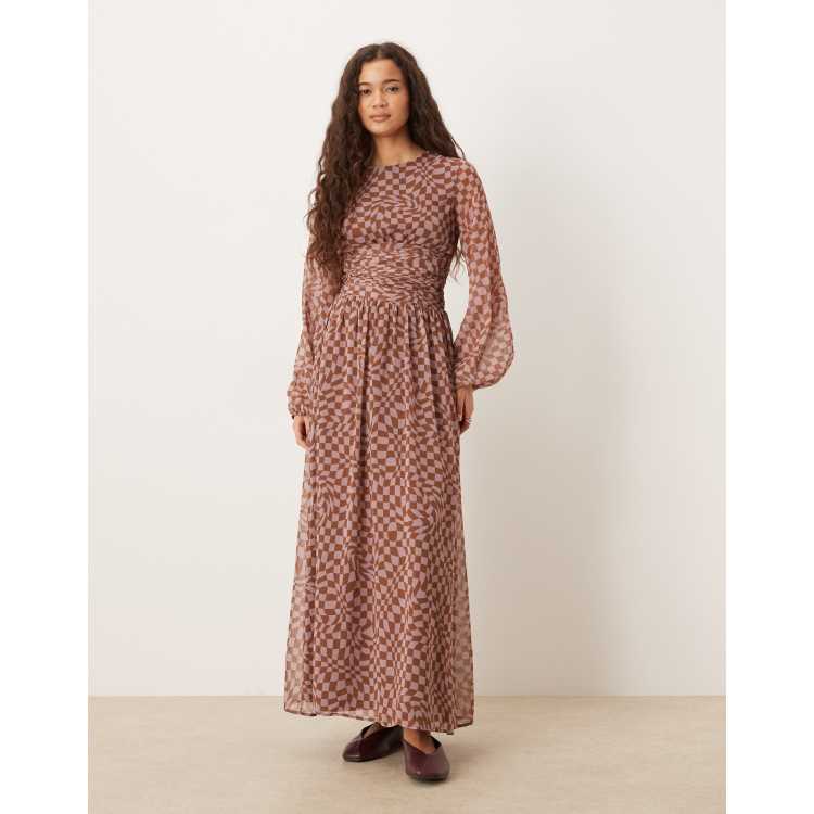 ASOS Design Chiffon Crew Neck Maxi Dress with Ruched Waist and Volume Sleeve in Pink Micro plaid-Multi