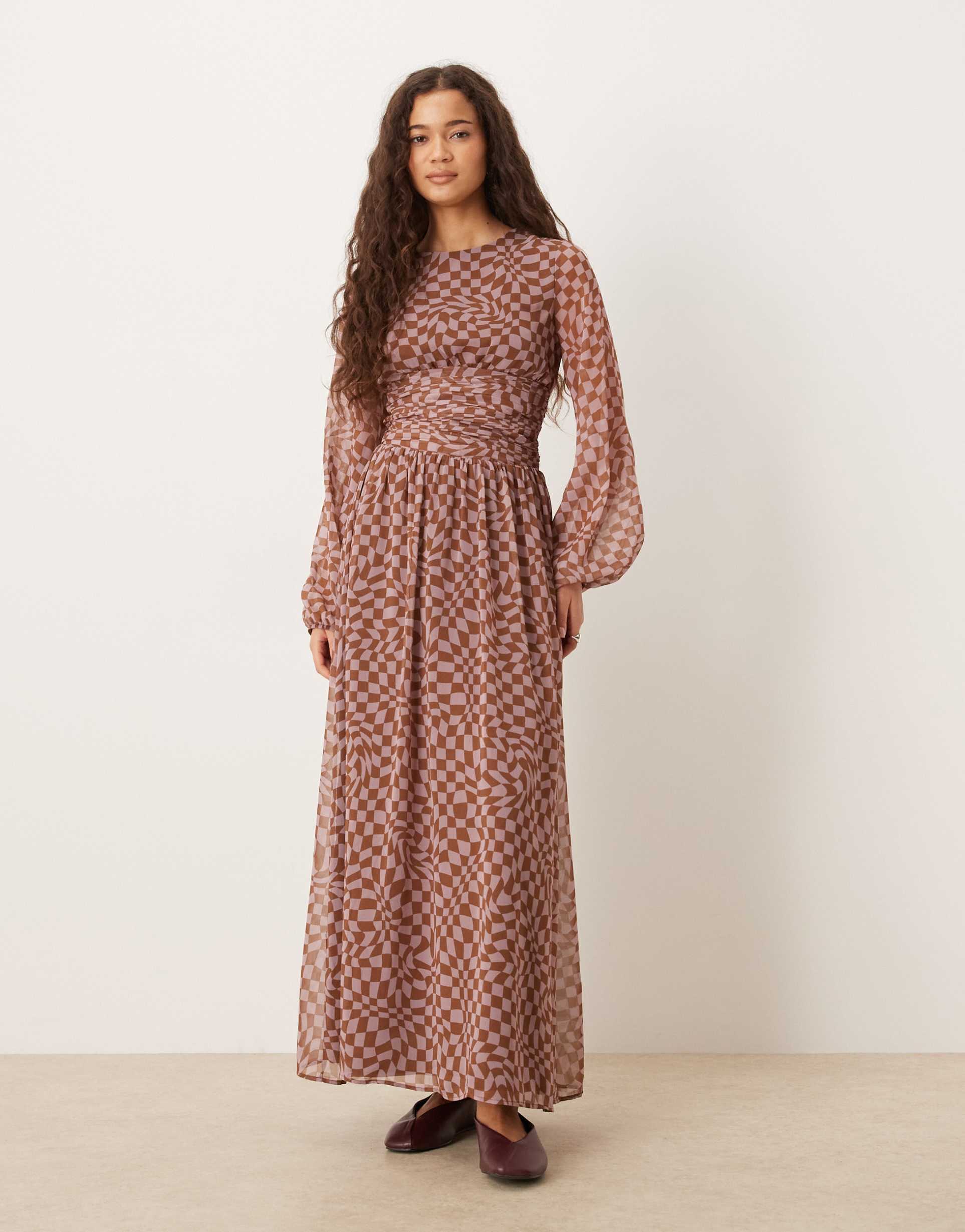 asos design chiffon crew neck maxi dress with ruched waist and volume sleeve in pink micro plaid