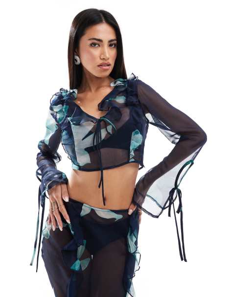 ASOS DESIGN chiffon crop top co-ord in blue abstract floral print - view 1
