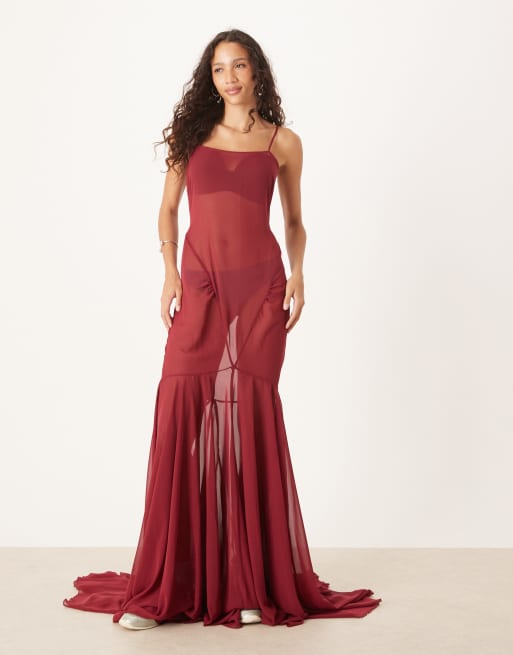ASOS DESIGN chiffon cut about seam detail maxi slip dress in burgundy