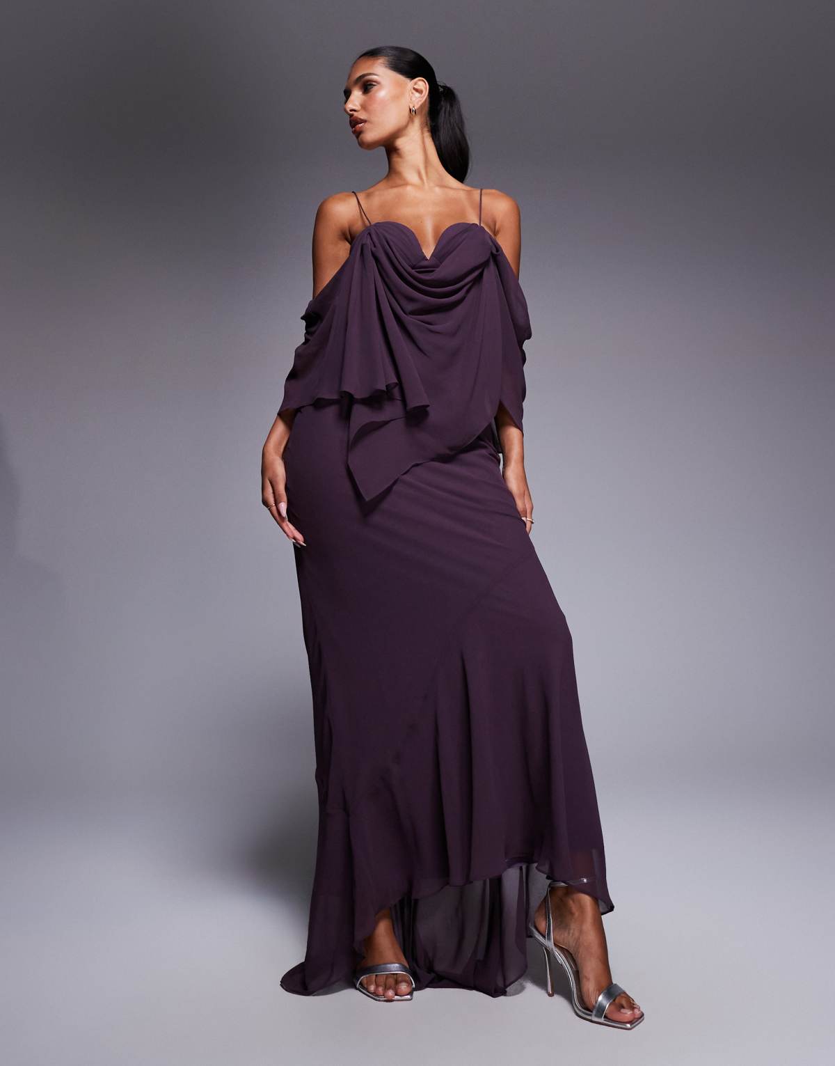 ASOS DESIGN chiffon double layer bias maxi dress with drape bust cup detail in plum