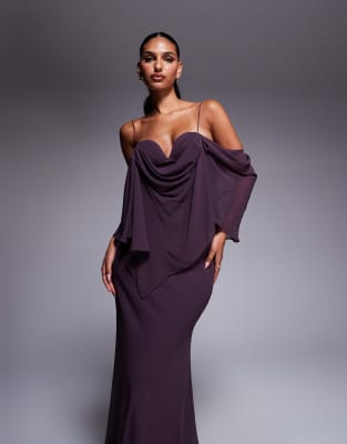 Asos Design Chiffon Double Layer Bias Maxi Dress With Drape Bust Cup Detail In Purple