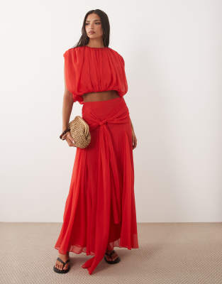 ASOS DESIGN chiffon drape detail co-ord maxi skirt in red