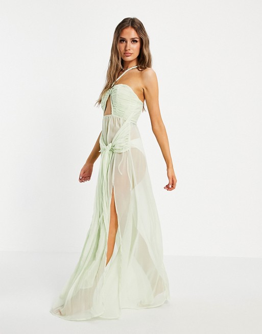 ASOS DESIGN chiffon drape knotted maxi beach dress in mint green
