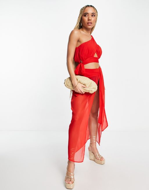ASOS DESIGN chiffon drape tie detail maxi beach skirt co ord in red, 4 of 4