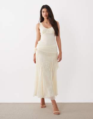 Asos Design Chiffon Draped Fringe Detail Maxi Dress In Neutral