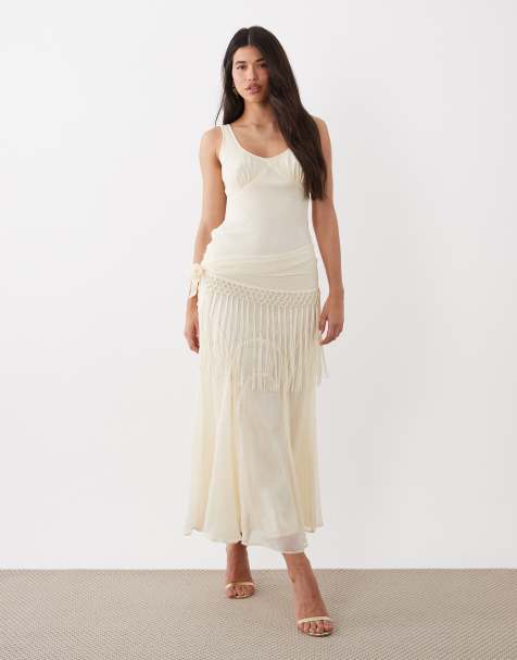 ASOS DESIGN chiffon draped fringe detail maxi dress in buttermilk spot