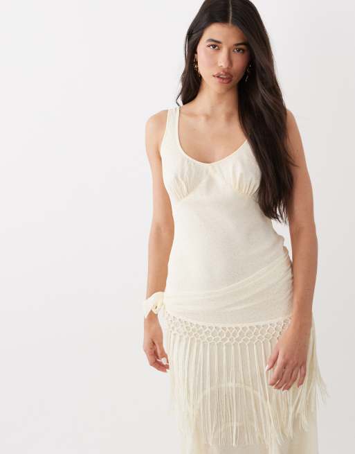 ASOS DESIGN chiffon draped fringe detail maxi dress in buttermilk spot, 4 of 4