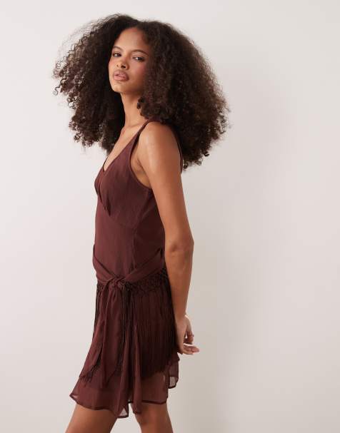 ASOS DESIGN chiffon draped fringe detail mini dress in chocolate - view 1