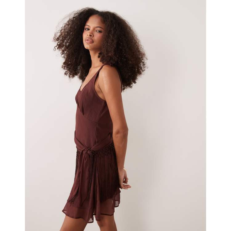 ASOS DESIGN chiffon draped fringe detail mini dress in chocolate | ASOS