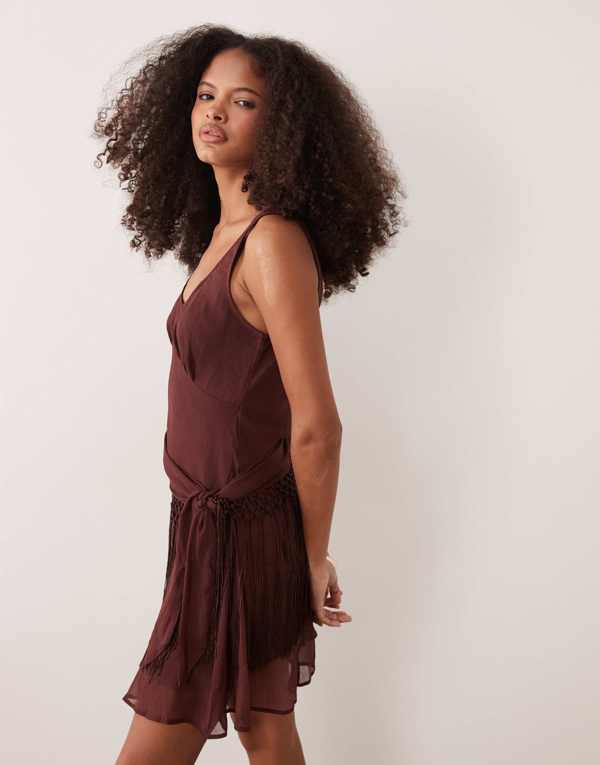 asos design chiffon draped fringe detailing mini dress in chocolate