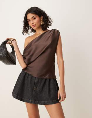 ASOS DESIGN chiffon draped off-shoulder top in chocolate-Brown