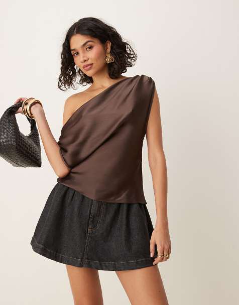 ASOS DESIGN chiffon draped off shoulder top in chocolate - view 1