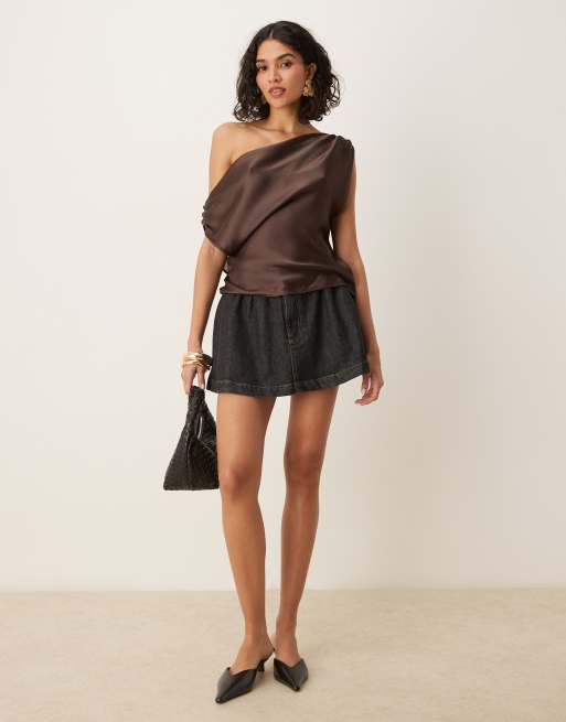 ASOS DESIGN chiffon draped off shoulder top in chocolate