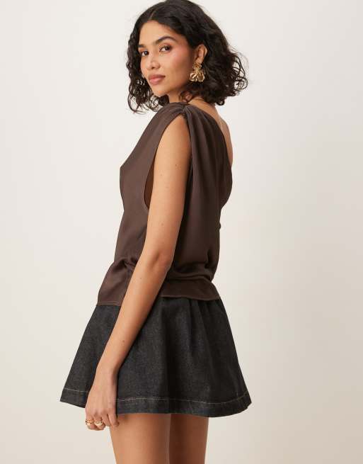 ASOS DESIGN chiffon draped off shoulder top in chocolate