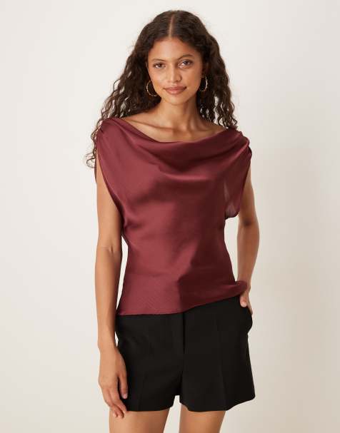 ASOS DESIGN chiffon draped off shoulder top in wine red - view 1