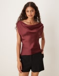 [ASOS DESIGN] ASOS DESIGN chiffon draped off shoulder top in wine red 16 Burgundy