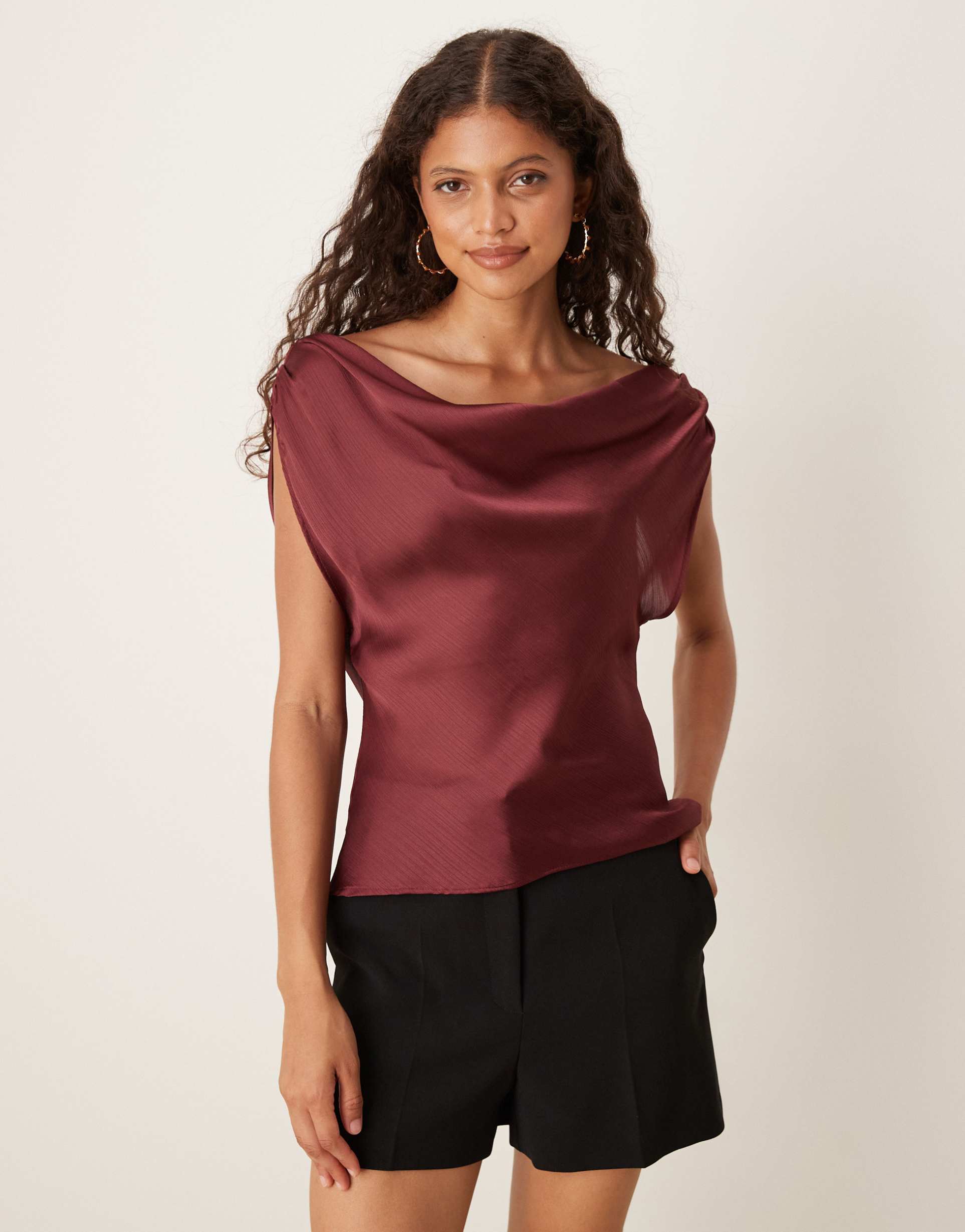 asos design chiffon draped off shoulder top in wine red
