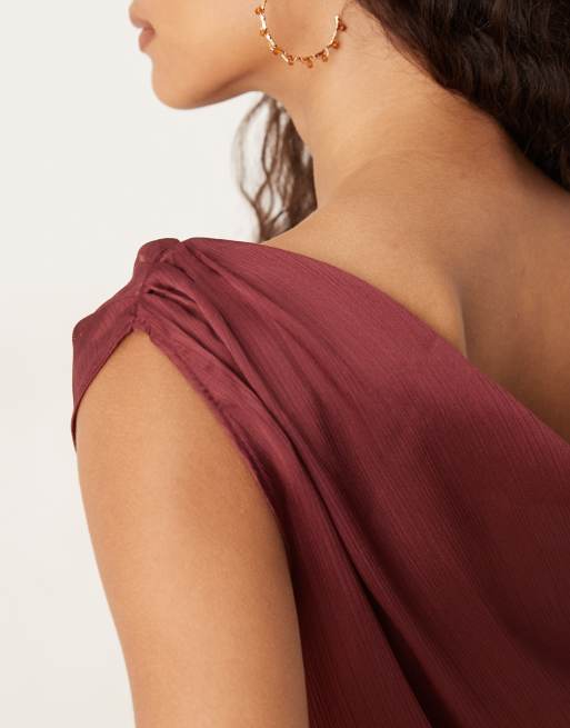 ASOS DESIGN chiffon draped off shoulder top in wine red, 2 of 4