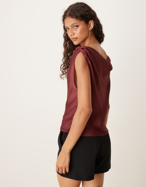 ASOS DESIGN chiffon draped off shoulder top in wine red, 4 of 4