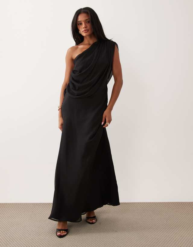 asos black chiffon dress DESIGN draped shoulder maxi with cowl back detail in BOOHOO Plus Size Tie Crafted from lightweight polyester Color:Deep Green tanktop
