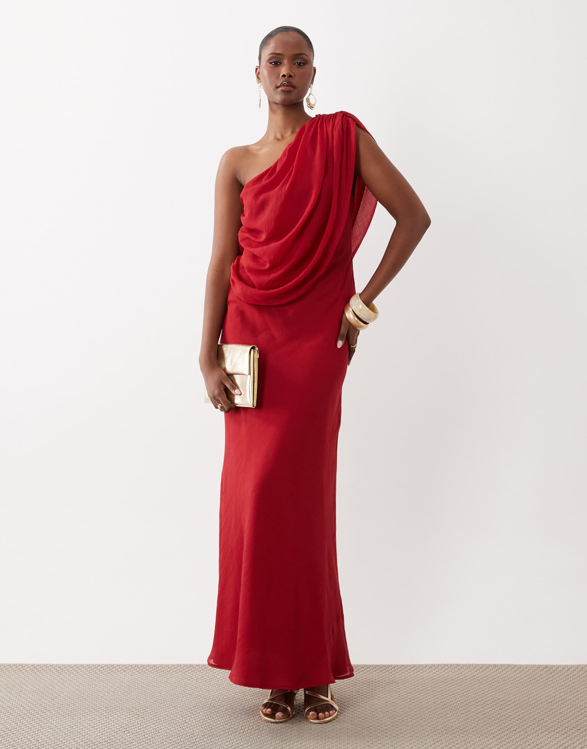 asos design chiffon draped shoulder maxi dress with cowl back detail in red