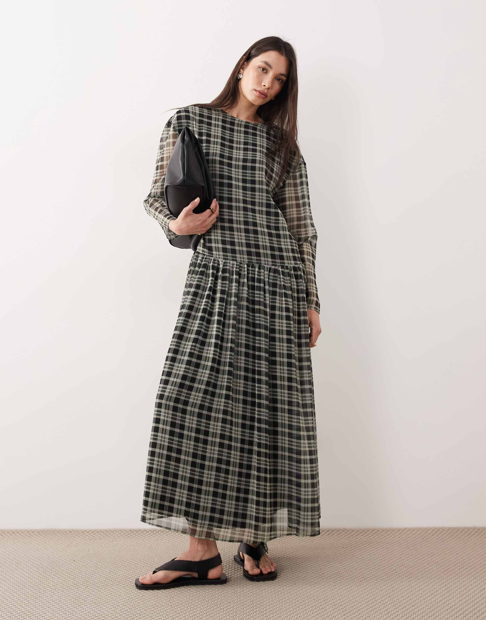 asos design chiffon dropped waist maxi smock dress in green check