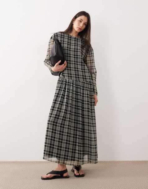 ASOS DESIGN chiffon dropped waist maxi smock dress in green check