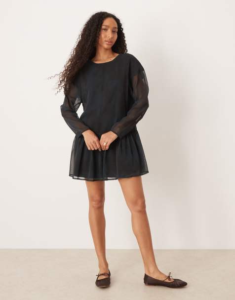 ASOS DESIGN chiffon dropped waist mini smock dress in black - view 1