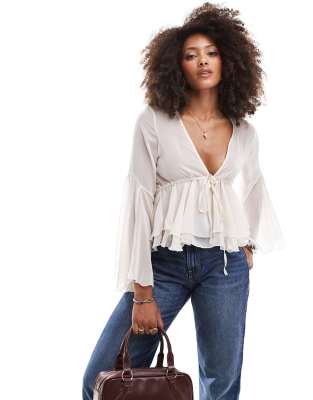Asos Design Chiffon Flared Sleeve Top In Ecru-white