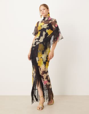 Asos Design Chiffon Fringe Detail Maxi Dress In Multi