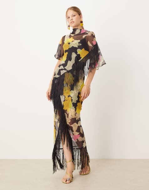 ASOS DESIGN chiffon fringe detail maxi dress in dark based print - view 1