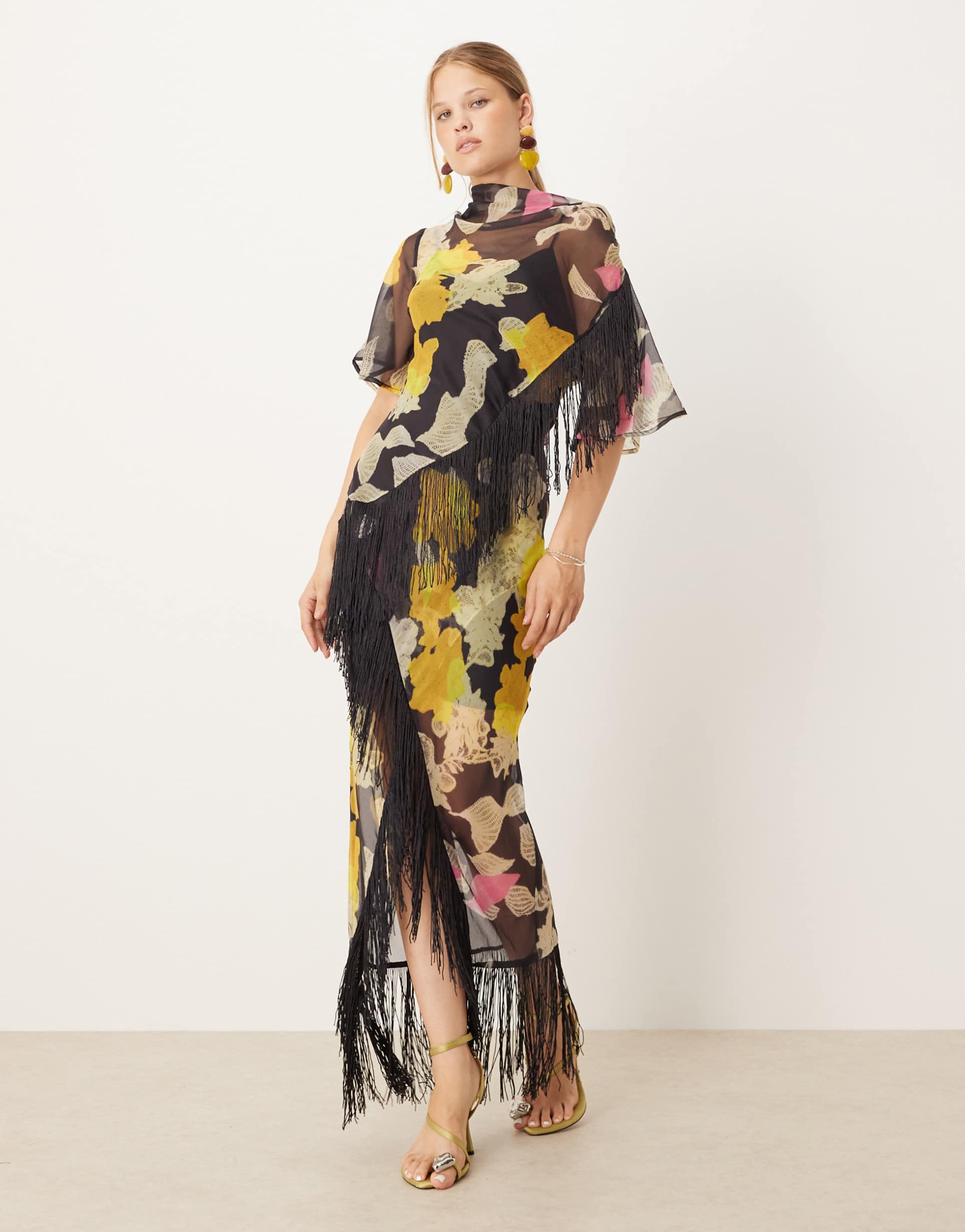 asos design chiffon fringe detail maxi dress in dark based print