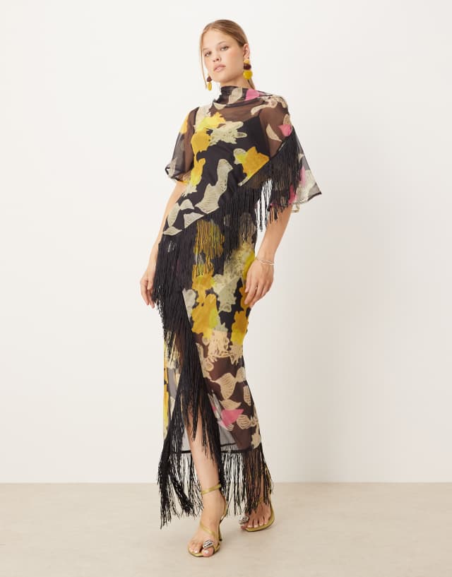 asos black fringe dress DESIGN chiffon detail maxi in dark based print Venus Asymmetric Neck Applique back:cutout Asos design Elevate your wardrobe with Size:Choose your size