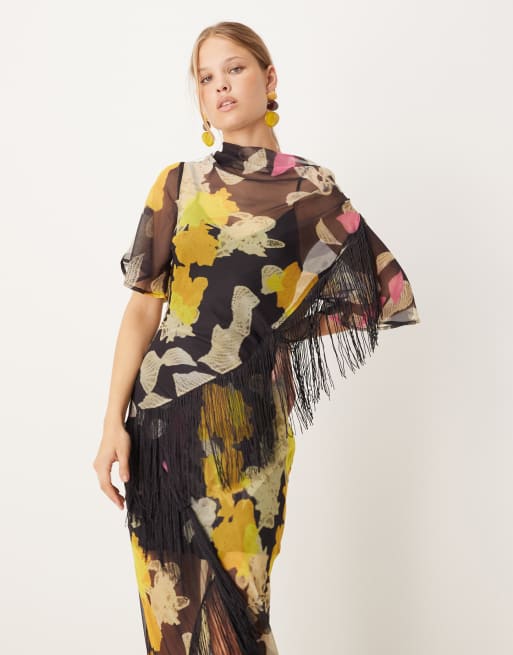 ASOS DESIGN chiffon fringe detail maxi dress in dark based print