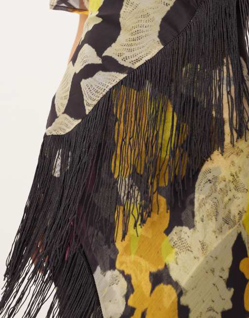 ASOS DESIGN chiffon fringe detail maxi dress in dark based print