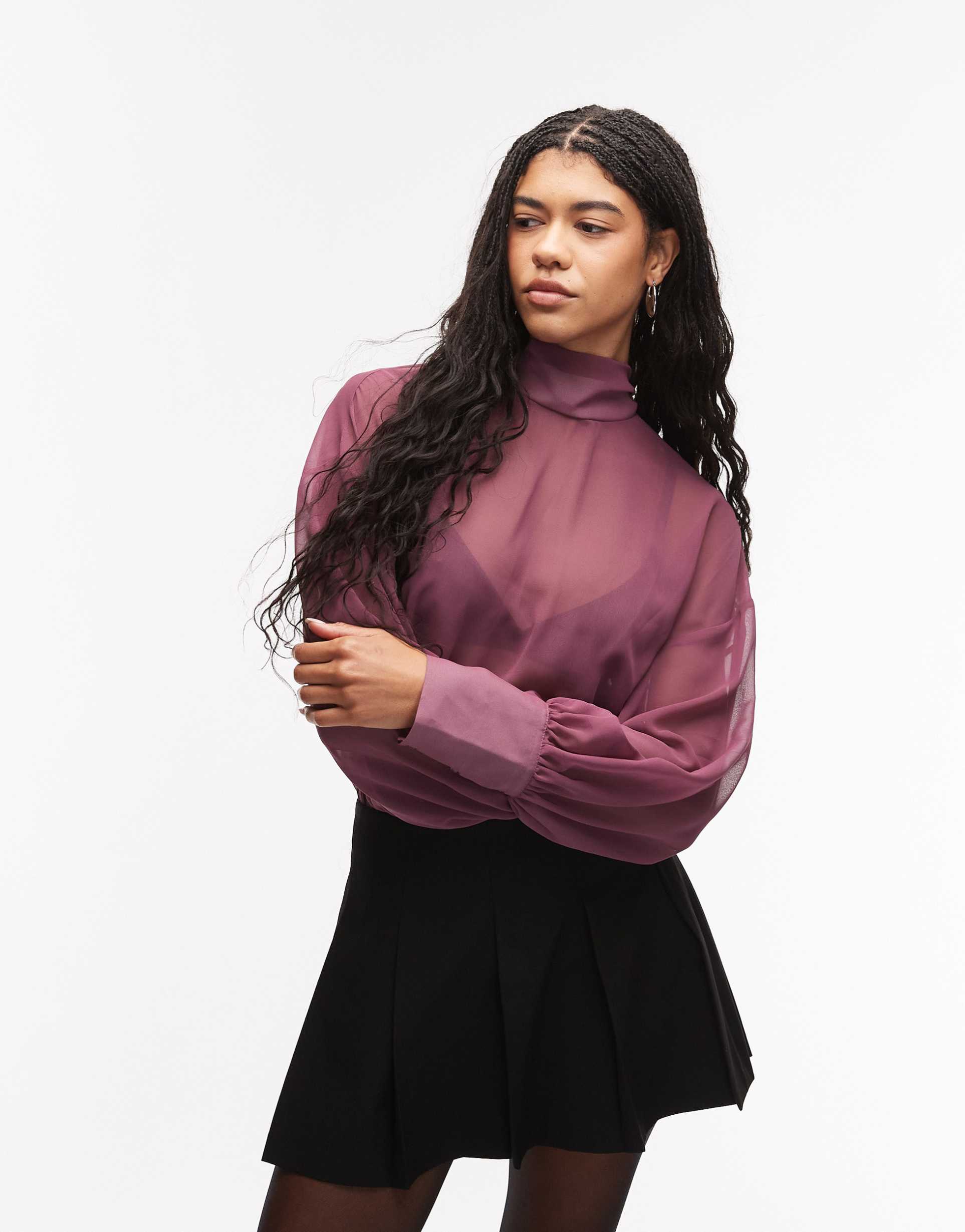 asos design chiffon funnel neck volume sleeve blouse in plum