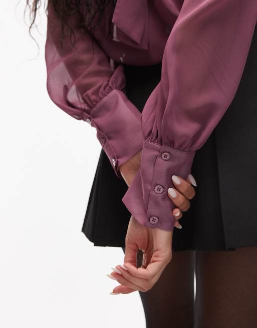ASOS DESIGN chiffon funnel neck volume sleeve blouse in plum
