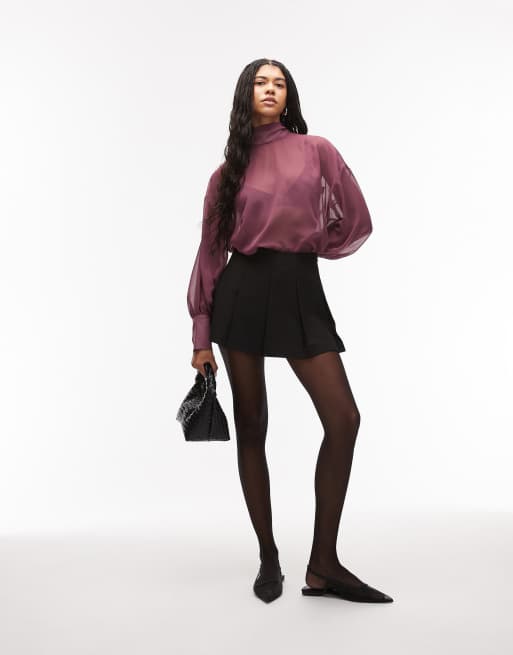 ASOS DESIGN chiffon funnel neck volume sleeve blouse in plum