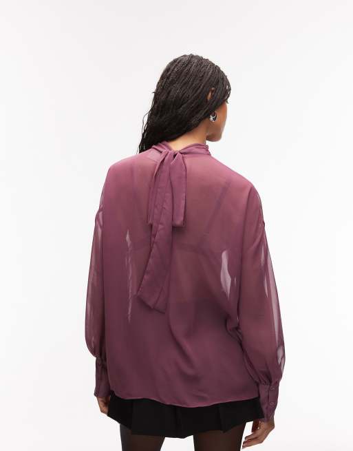 ASOS DESIGN chiffon funnel neck volume sleeve blouse in plum