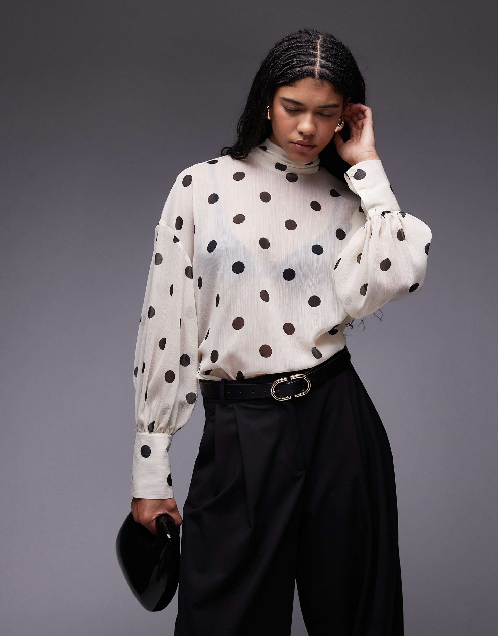 asos design chiffon funnel neck volume sleeve blouse in polka dot