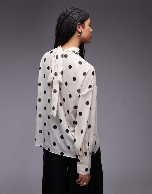 ASOS DESIGN chiffon funnel neck volume sleeve blouse in polka dot
