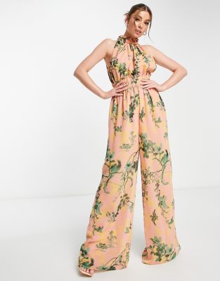 ASOS DESIGN CHIFFON GATHERED WAIST HALTER JUMPSUIT IN FLORAL PRINT-MULTI