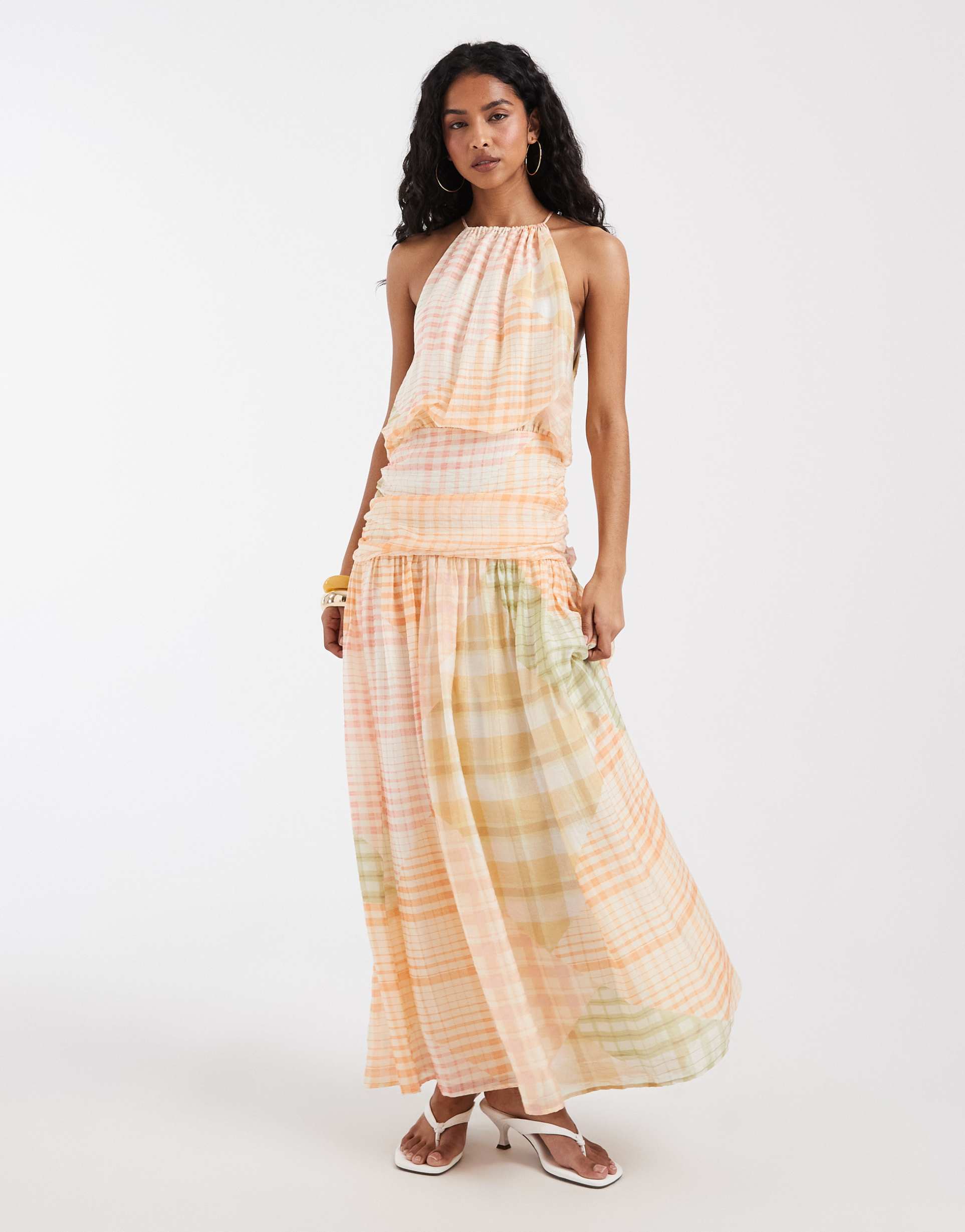 asos design chiffon halter bubble waist maxi dress in check