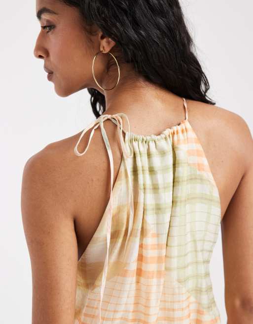 ASOS DESIGN chiffon halter bubble waist maxi dress in check, 3 of 4