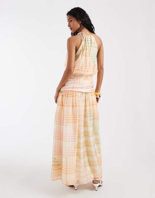 ASOS DESIGN chiffon halter bubble waist maxi dress in check, 4 of 4