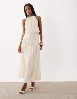 Asos Design Chiffon Halter Bubble Waist Maxi Dress In Neutral